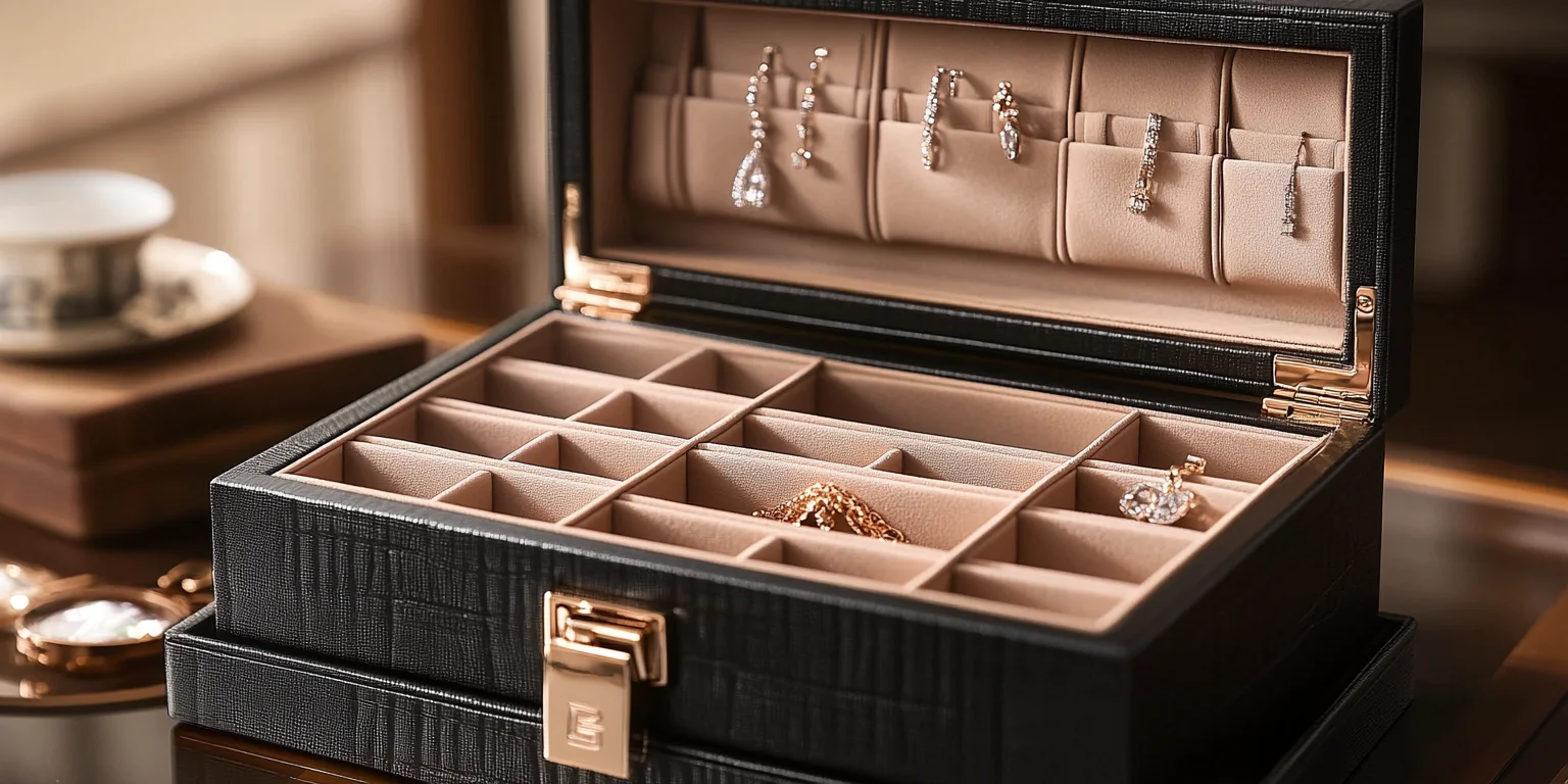 Open custom jewelry box with logo, showcasing earrings and compartments.